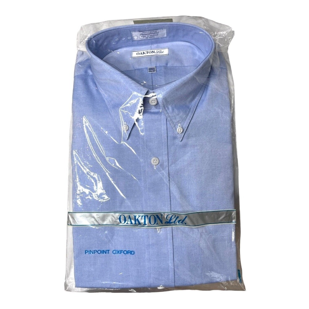 Vtg Oakton‎ Men's Blue Dress Shirt Lg Sleeve Pinpoint Oxford New Tall 17 1/2-37
